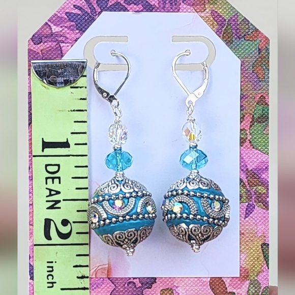 Stunning‎ Turquoise & Silver Dangle Earrings, AB Crystal Accents, Nickel Free - Picture 1 of 1